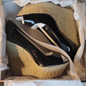 NEW Jessica Simpson Sabini Straw Black Wedge Size 7.5